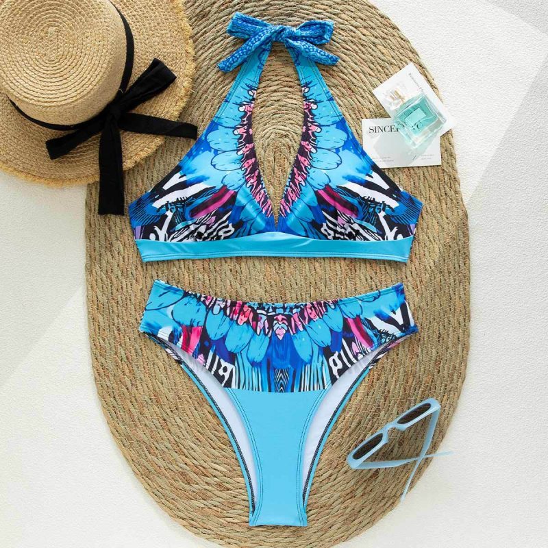 Naiste V-kaelusega bikini, rinnapadjad, mitmekesine lillemuster, kõrge elastsus, lõhestatud disain