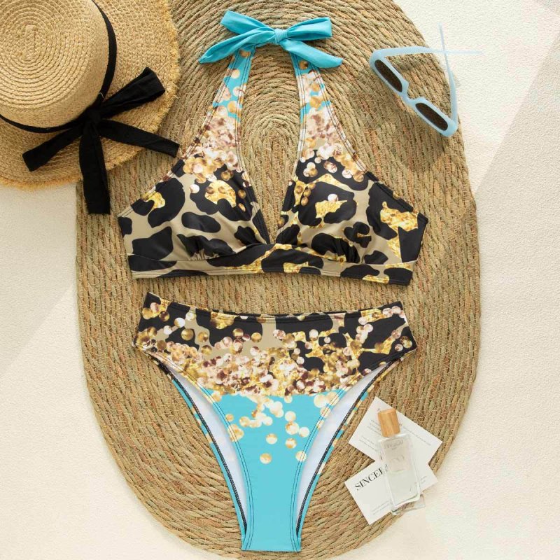 Naiste V-kaelusega bikini, rinnapadjad, mitmekesine lillemuster, kõrge elastsus, lõhestatud disain