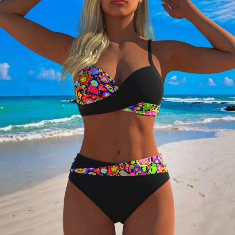 Дамски двучастков бански с секси етно принт, подплатен бюст (Push-Up), без метални подпори, полиестер