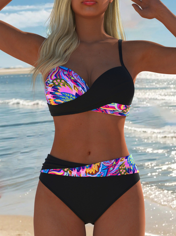 Принтовано дъно за бански с подплатен сутиен, висока талия, европейско‑американски стил, полиестер 82% / спандекс 18%, без ръкави, за плуване