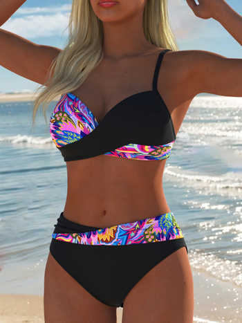 Принтовано дъно за бански с подплатен сутиен, висока талия, европейско‑американски стил, полиестер 82% / спандекс 18%, без ръкави, за плуване