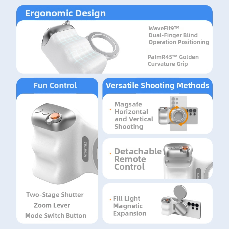 MagSafe držadlo na fotenie pre smartfóny – magnetické pripnutie, bezdrôtové Bluetooth ovládanie, stabilizácia obrazu, ABS telo, kompatibilné s Apple a Android