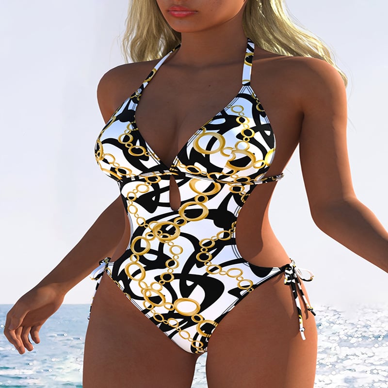 Едночастен дамски бански костюм; принт: секси, стегнат, свеж и шик; полиестерен плат; подплънка за бюста; без ръкави