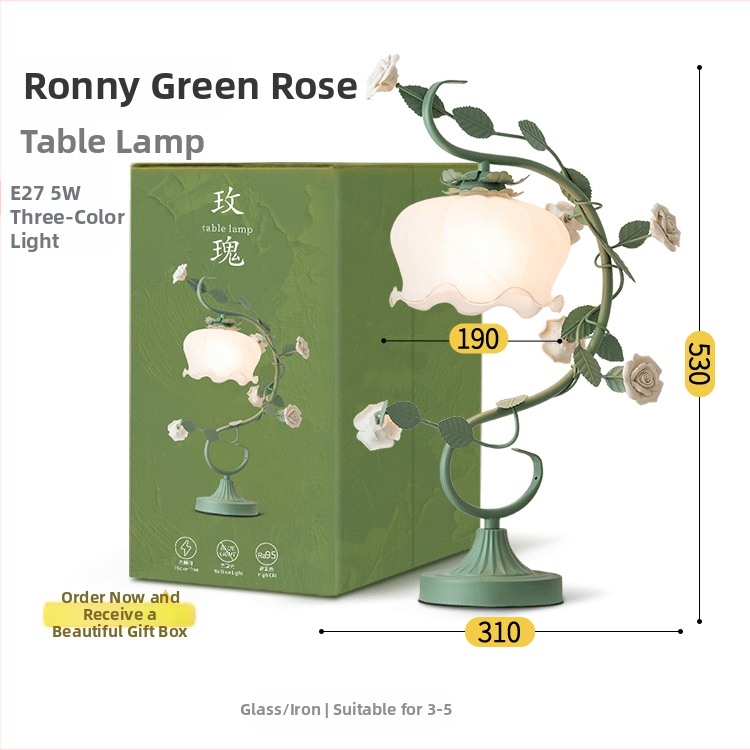 Klaasist laualamp pastoraalse stiiliga, mudel TW-MT19, metallist hoidja, 220V