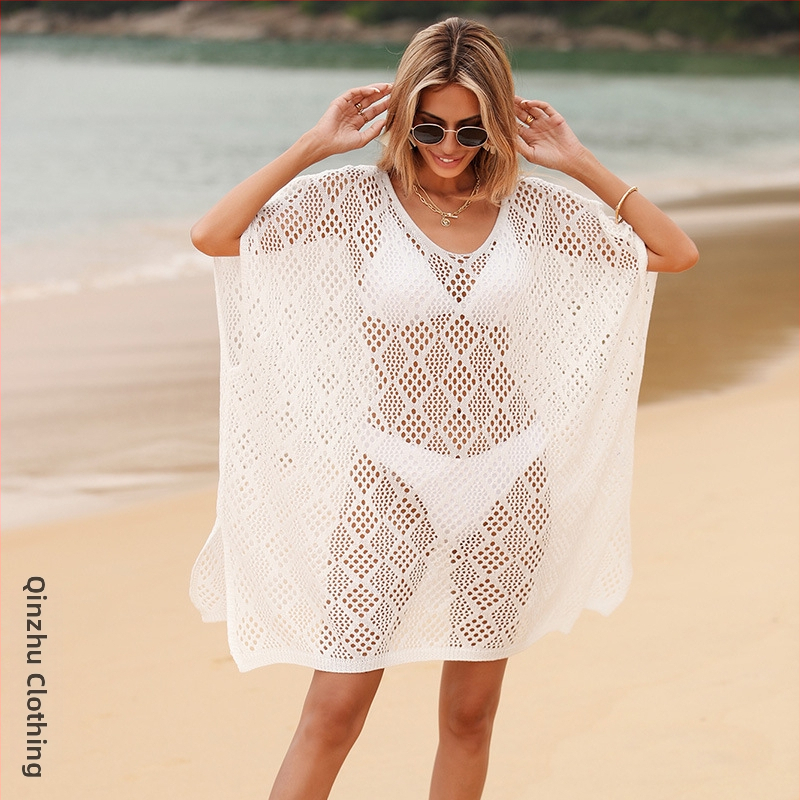 Sievietēm pludmales apģērbs - pārklāšanās kleita ar caurumiem, brīvs griezums, imitācijas kokvilnas audums ar poliestera oderi, 260 g