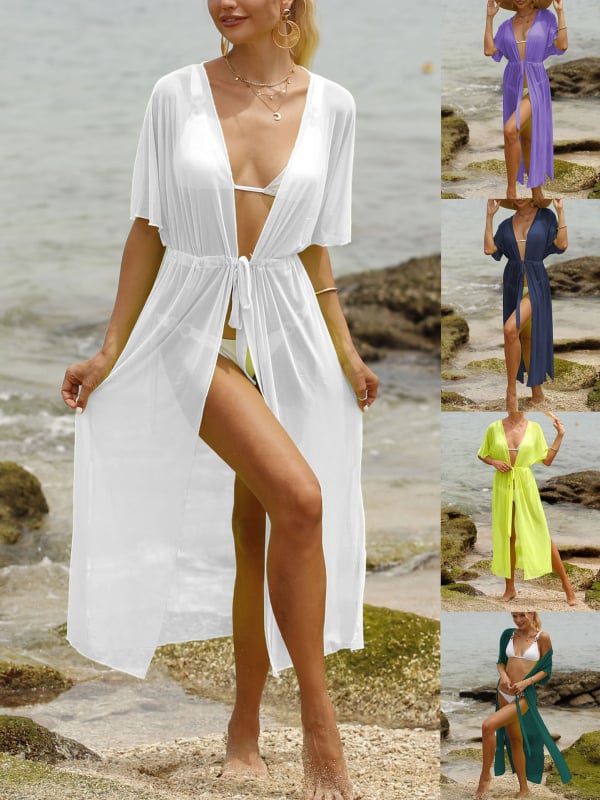 Γυναικείος παραλιακός καλύμμα cardigan με ζώνη στη μέση και διαφανές πλέγμα για κολύμβηση (Υλικό: Spandex mesh; Σύνθεση: 95% πολυεστέρας; Βάρος: 210; Μονόχρωμος)