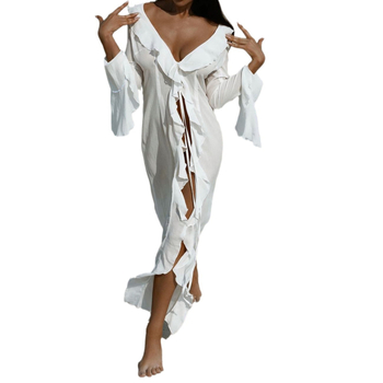 Nööridega randakleit, pikkade käistega, polüester, kõrge vöökoht, ebakorrapärase lõikega seelik