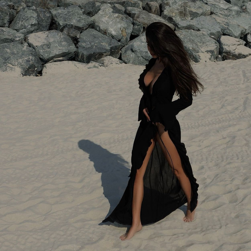 Nööridega randakleit, pikkade käistega, polüester, kõrge vöökoht, ebakorrapärase lõikega seelik