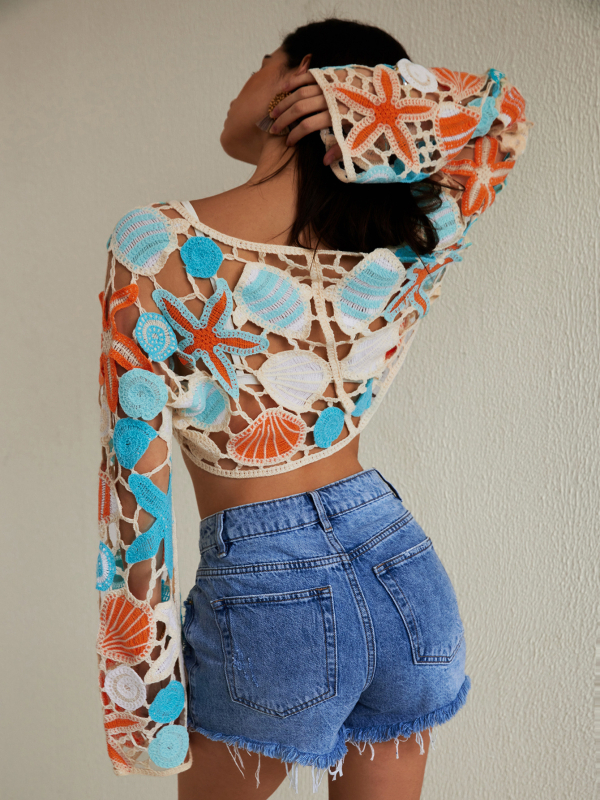 Pulover-bluză tricotată cu decupaje, croșetată manual, lungime scurtă, decolteu rotund