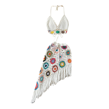 Μποέμικο τοπ από βελονάκι με V-λαιμό και ακανόνιστη φούστα – δύο τεμάχια σετ, πολυεστερικό ύφασμα δίχτυ