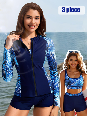 Дамски тричастен плувен комплект за сърф с принт, консервативен стил, подплатени чашки, полиестерна материя