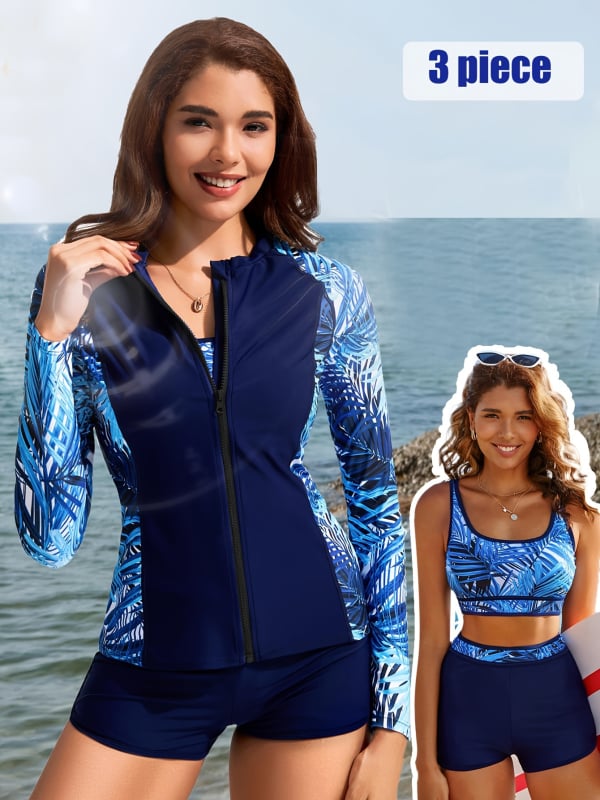 Дамски тричастен плувен комплект за сърф с принт, консервативен стил, подплатени чашки, полиестерна материя