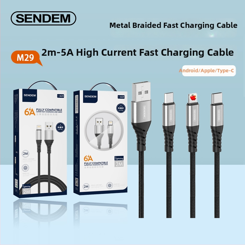 3-in-1 Pletots Datu Kabelis Ātrai Uzlādei (Lightning, Micro USB, Type-C), Maksimālais Straums 5A