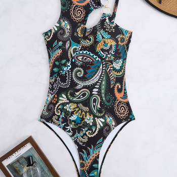 Едночастен бански с V-образно деколте, принт, полиестерна материя, подплата за бюста, тегло на плата 126 g/m²