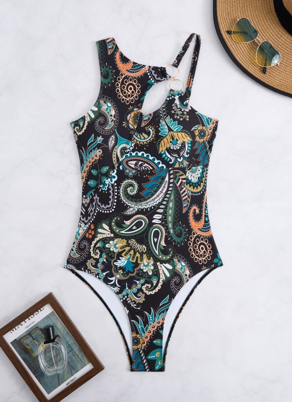 Едночастен бански с V-образно деколте, принт, полиестерна материя, подплата за бюста, тегло на плата 126 g/m²