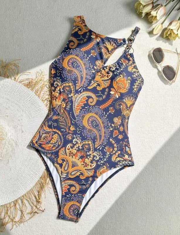 Едночастен бански с V-образно деколте, принт, полиестерна материя, подплата за бюста, тегло на плата 126 g/m²