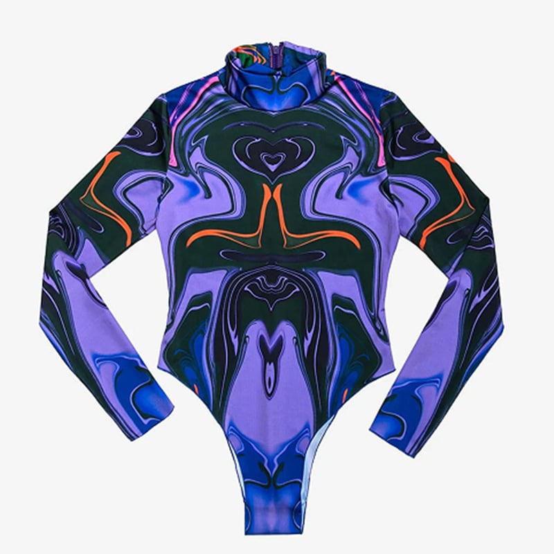 Costum de baie întreg cu mâneci lungi, imprimeu 3D digital cu model cartoon, material Milk Silk cu 30% elastan