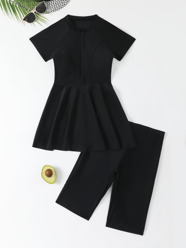 Женски двучастен плувен костюм с цип, UV защита, къс ръкав и плавки, консервативен дизайн; нейлон 82%, подплата полиестер-еластан 80%