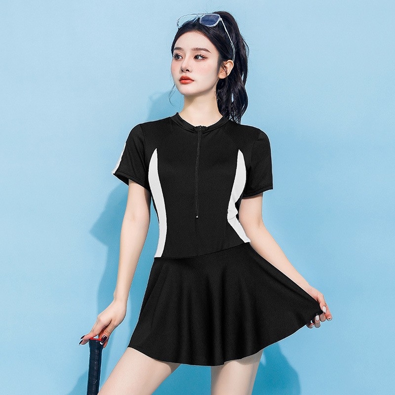 Costum de baie întreg cu design stil fustă, talie înaltă, burete bust detașabil, fermoar anti-încurcare