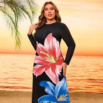 Plus-suuruses naiste kaheosaline ujumistrikoo, lillemustriga, pikkade varrukatega, rinnahoidja padjad kaasas