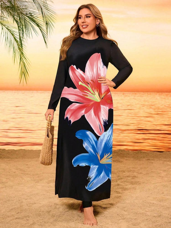 Plus-suuruses naiste kaheosaline ujumistrikoo, lillemustriga, pikkade varrukatega, rinnahoidja padjad kaasas