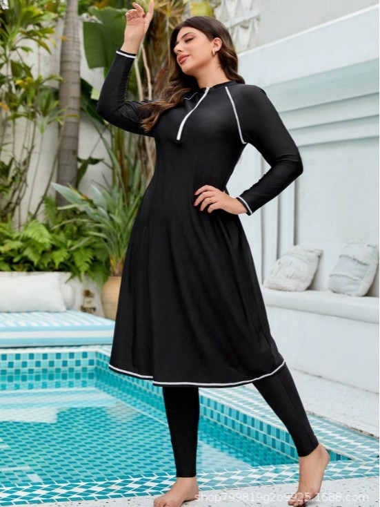 Plus-size konservatiivne ujumisriietuse komplekt pikkade varrukatega ja pikkade pükstega, päikesekaitse, rinna padjad, polüester 82% ja spandeksi 18% vooder