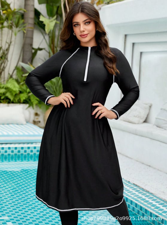 Plus-size konservatiivne ujumisriietuse komplekt pikkade varrukatega ja pikkade pükstega, päikesekaitse, rinna padjad, polüester 82% ja spandeksi 18% vooder