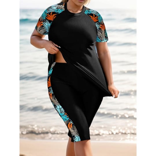 Дамски разделен танкини костюм за плуване, без ръкави, висока еластичност, 82% полиестер и подплата 20% спандекс, консервативен дизайн