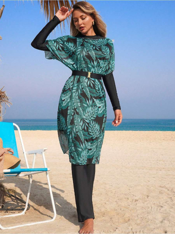 Женски комплект бански от четири части с печат, слънцезащитен и подплънки за бюста, полиестер 82% и еластан 18%, висока еластичност, за плуване и водни спортове