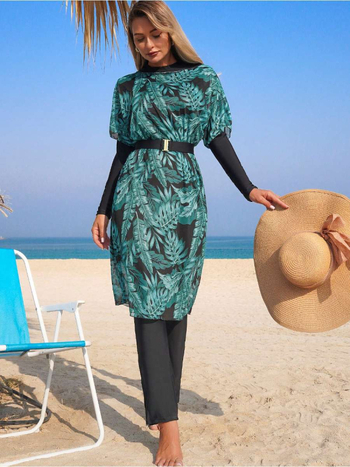 Женски комплект бански от четири части с печат, слънцезащитен и подплънки за бюста, полиестер 82% и еластан 18%, висока еластичност, за плуване и водни спортове