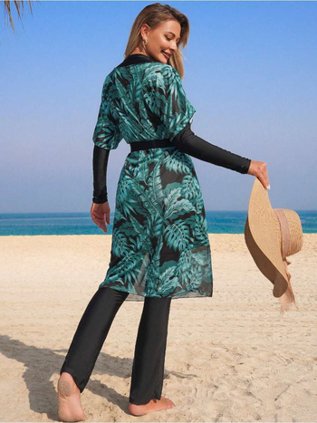 Женски комплект бански от четири части с печат, слънцезащитен и подплънки за бюста, полиестер 82% и еластан 18%, висока еластичност, за плуване и водни спортове