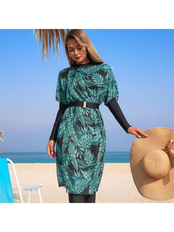 Женски комплект бански от четири части с печат, слънцезащитен и подплънки за бюста, полиестер 82% и еластан 18%, висока еластичност, за плуване и водни спортове