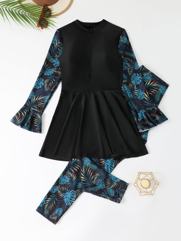 Женски бански с дълги ръкави и отделни дълги панталони; плат: полиестер 82%; подплата: полиестер + спандекс 80%; чашки: с подплата; ръкави: дълги; модел: висока талия и висока еластичност