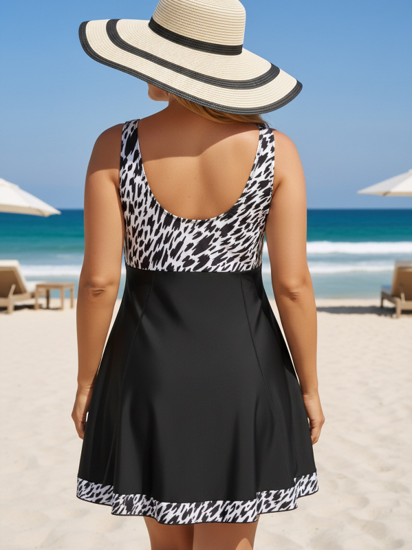 Tankini двучастен бански с пола, леопардов принт панел, без ръкави, чаши с подплънки, полиестер 82/18