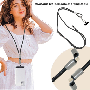 Pletēts teleskopisks uzlādes kabelis ar kakla siksnu — USB-C / Lightning / Citi savienojumi, 60W PD ātra uzlāde, dubja izvada