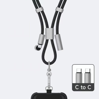 Pletēts teleskopisks uzlādes kabelis ar kakla siksnu — USB-C / Lightning / Citi savienojumi, 60W PD ātra uzlāde, dubja izvada