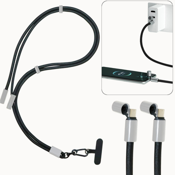 Pletēts teleskopisks uzlādes kabelis ar kakla siksnu — USB-C / Lightning / Citi savienojumi, 60W PD ātra uzlāde, dubja izvada