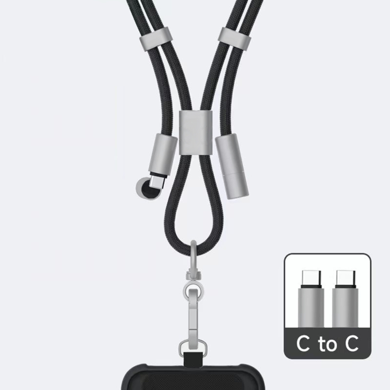 Pletēts teleskopisks uzlādes kabelis ar kakla siksnu — USB-C / Lightning / Citi savienojumi, 60W PD ātra uzlāde, dubja izvada