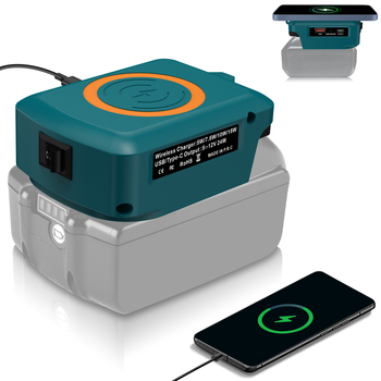 Juhtmevaba mobiiltelefonide laadija USB Type-C-ga; ühildu Makita, DeWalt, Milwaukee ja Bosch liitiumakudega; sisendpinge 15.5-24V; laadija tüüp: muud laadijad