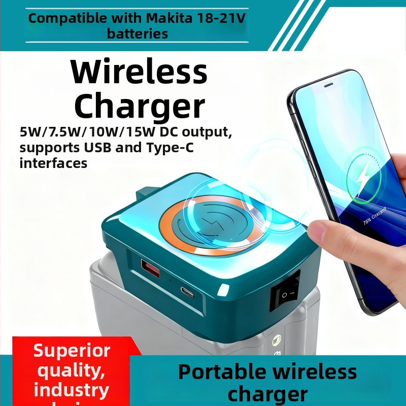 Juhtmevaba mobiiltelefonide laadija USB Type-C-ga; ühildu Makita, DeWalt, Milwaukee ja Bosch liitiumakudega; sisendpinge 15.5-24V; laadija tüüp: muud laadijad
