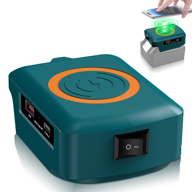 Juhtmevaba mobiiltelefonide laadija USB Type-C-ga; ühildu Makita, DeWalt, Milwaukee ja Bosch liitiumakudega; sisendpinge 15.5-24V; laadija tüüp: muud laadijad