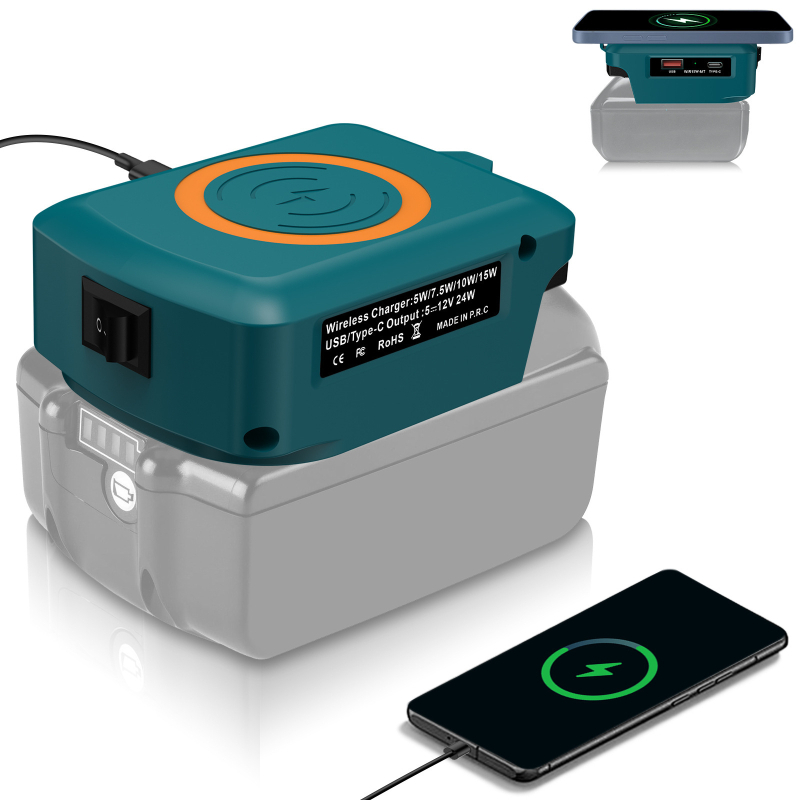 Juhtmevaba mobiiltelefonide laadija USB Type-C-ga; ühildu Makita, DeWalt, Milwaukee ja Bosch liitiumakudega; sisendpinge 15.5-24V; laadija tüüp: muud laadijad