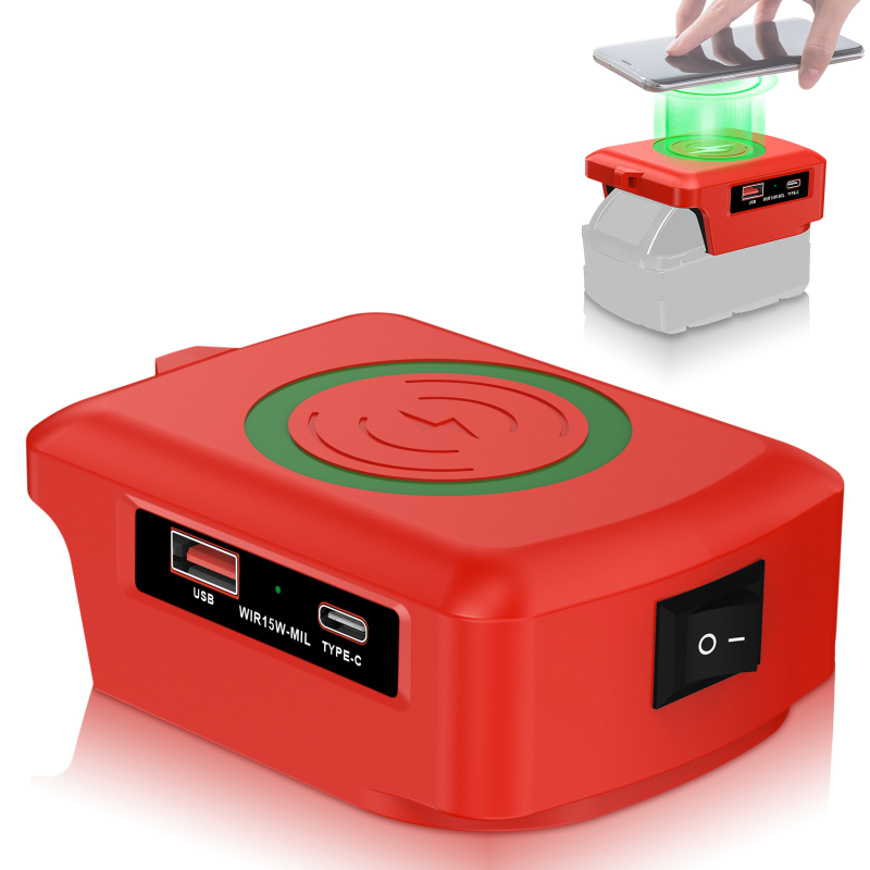 Juhtmevaba mobiiltelefonide laadija USB Type-C-ga; ühildu Makita, DeWalt, Milwaukee ja Bosch liitiumakudega; sisendpinge 15.5-24V; laadija tüüp: muud laadijad