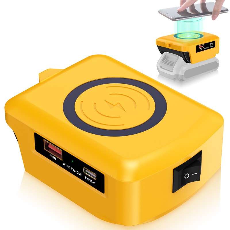 Juhtmevaba mobiiltelefonide laadija USB Type-C-ga; ühildu Makita, DeWalt, Milwaukee ja Bosch liitiumakudega; sisendpinge 15.5-24V; laadija tüüp: muud laadijad