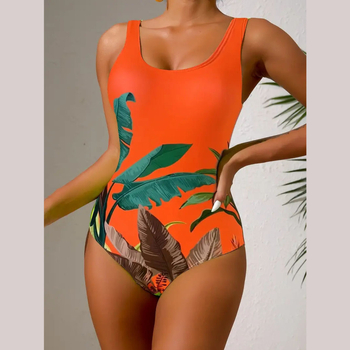 Едночастен дамски плувен костюм за лятото с принт, с открит гръб, кръгло деколте и висока еластичност