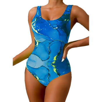 Едночастен дамски плувен костюм за лятото с принт, с открит гръб, кръгло деколте и висока еластичност