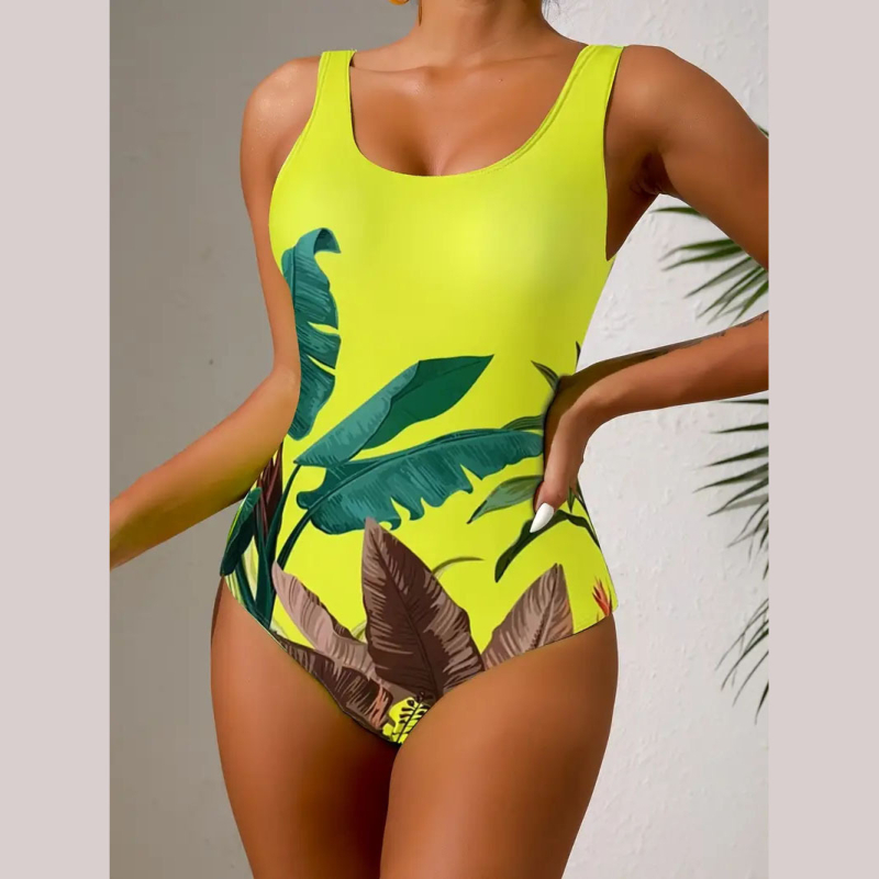 Costum de baie întreg pentru femei cu imprimeu, decolteu rotund, spate gol, elasticitate ridicată pentru vară la plajă