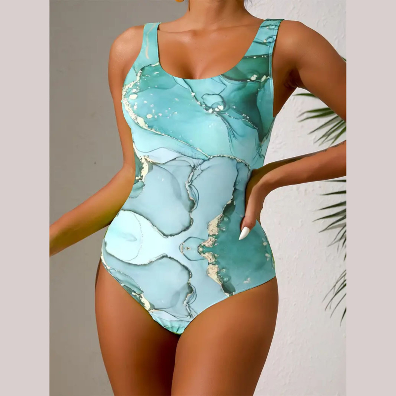 Costum de baie întreg pentru femei cu imprimeu, decolteu rotund, spate gol, elasticitate ridicată pentru vară la plajă