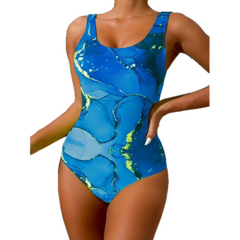 Costum de baie întreg pentru femei cu imprimeu, decolteu rotund, spate gol, elasticitate ridicată pentru vară la plajă