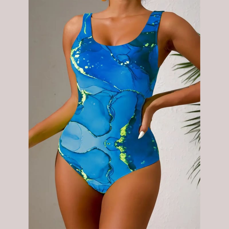 Едночастен дамски плувен костюм за лятото с принт, с открит гръб, кръгло деколте и висока еластичност
